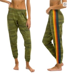 Aviator Nation Olive Green Camo Joggers with 5 Rainbow Side Stripe Youth Size 14